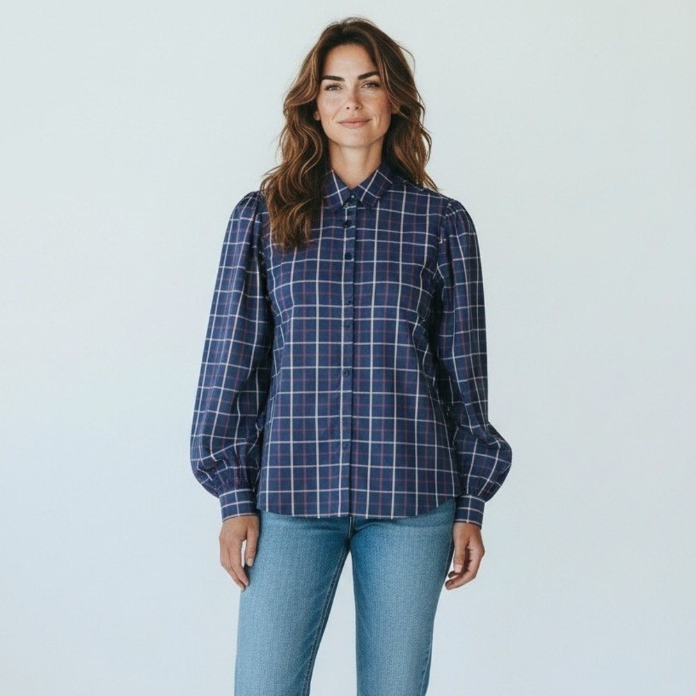 Biltmore Puff Sleeve Plaid Shirt Womens L Blue Pink Button Front NWT